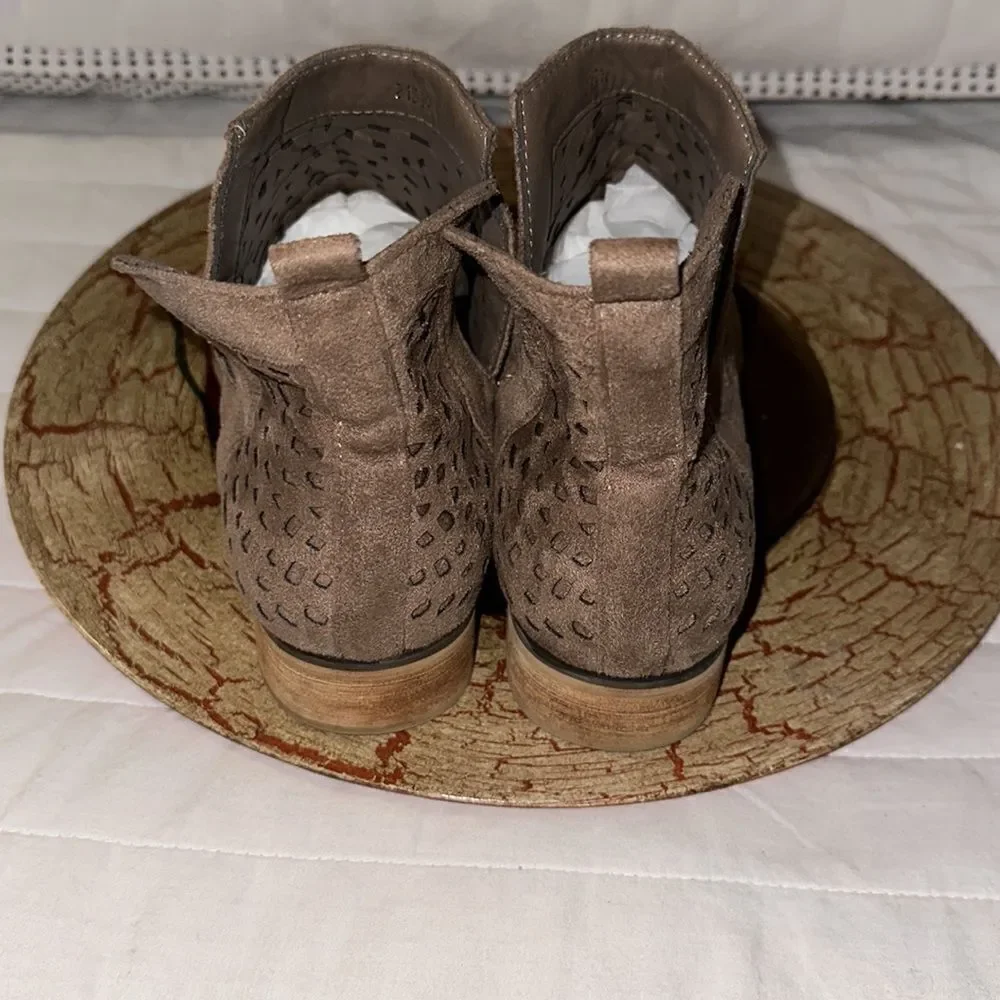 CG 9 Tan Faux Suede Laser Cut V Cut Ankle Booties